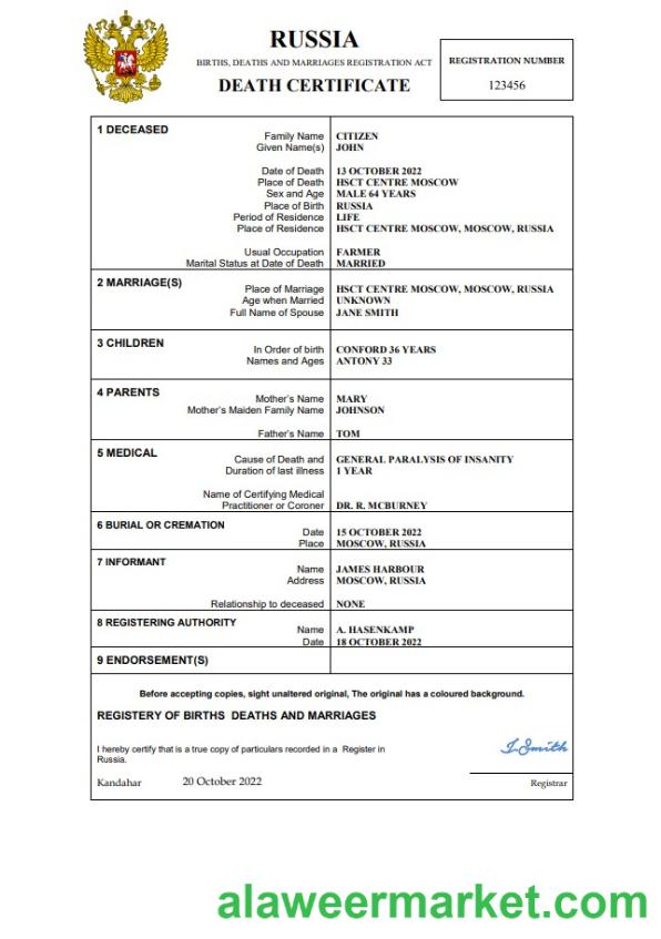 Russia death certificate Word and PDF template